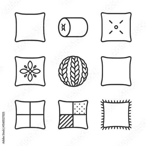 Decorative Cushion Icons. Outline icon set of decorative cushion varieties: square throw cushion, round bolster cushion, tufted