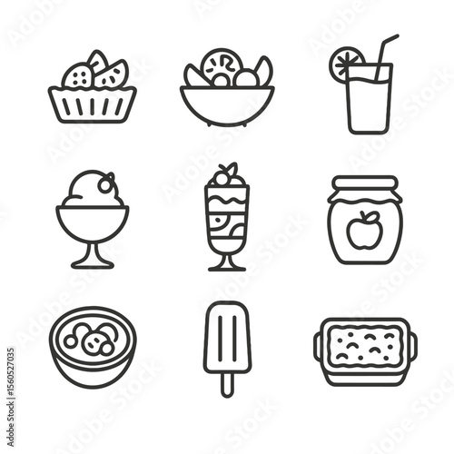 Fruit Dessert Icons. Outline icon set of fruit desserts and treats: fruit tart, fruit salad, smoothie glass, fruit sorbet, parfait