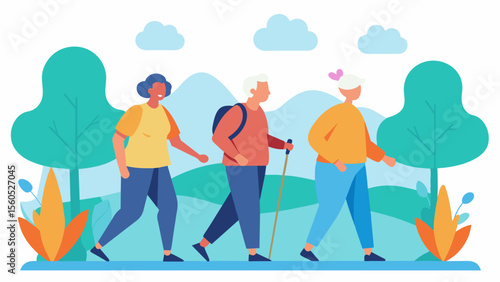A group of seniors going on a hike showcasing the positive impact of physical activity on emotional health.. Vector illustration
