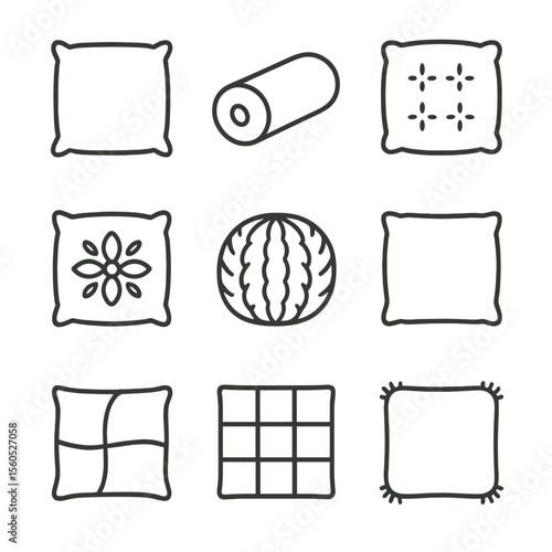 Decorative Cushion Icons. Outline icon set of decorative cushion varieties: square throw cushion, round bolster cushion, tufted