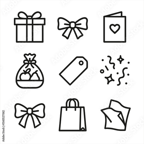 Fruit Basket Icon Set. Outline icon set of fruit basket gifting: gift box, ribbon bow, greeting card, cellophane wrap, gift tag,