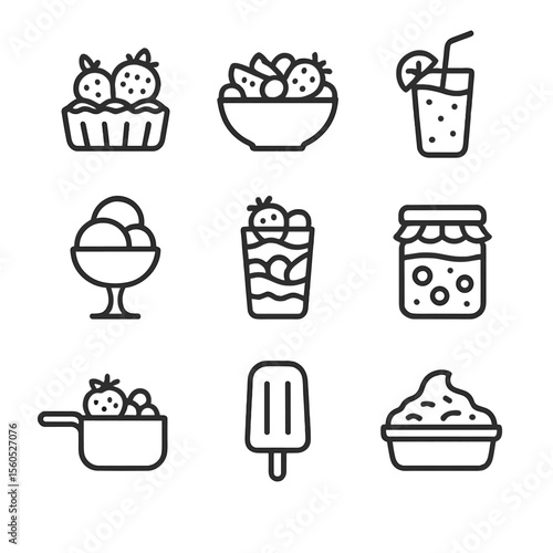 Fruit Dessert Icons. Outline icon set of fruit desserts and treats: fruit tart, fruit salad, smoothie glass, fruit sorbet, parfait