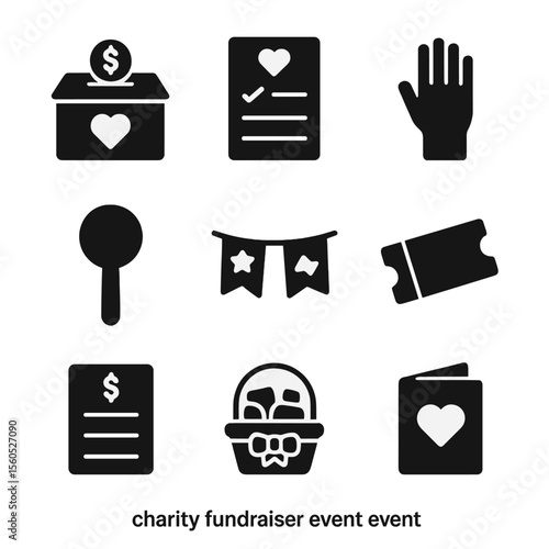 Charity Event Icons. Solid, filled icon set of charity fundraiser event: donation box, pledge form, volunteer hand, auction paddle