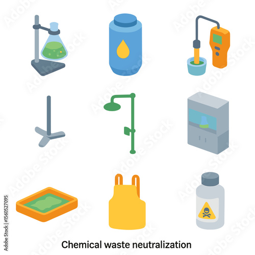 Chemical Waste Icon Set. Isometric Flat icon set of chemical waste neutralization: reaction vessel, neutralizing agent tank, pH