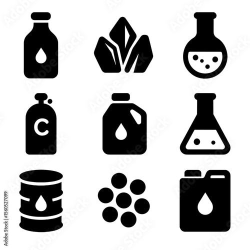 Chemical Material Icons. Solid, filled icon set of chemical raw materials: ethanol bottle, sulfur crystals, ammonia flask,