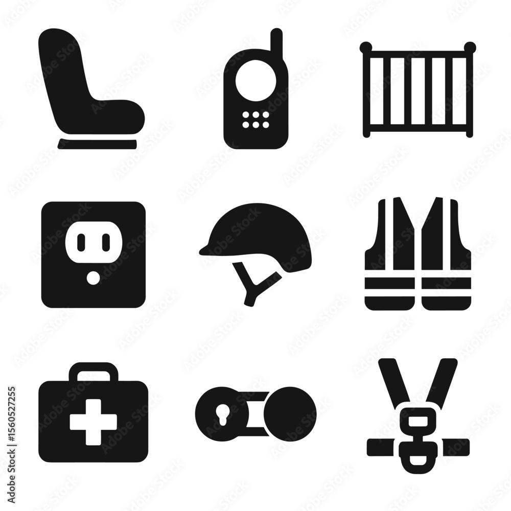 Child Safety Icons. Solid, filled icon set of child safety: child seat, baby monitor, safety gate, outlet cover, helmet, Child Safety Icons. Solid, filled icon set of child safety: child seat, baby monitor, safety gate, outlet cover, helmet,