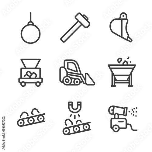Demolition Site Icons. Outline icon set of demolition site processing: wrecking ball, sledgehammer, excavator bucket, crusher