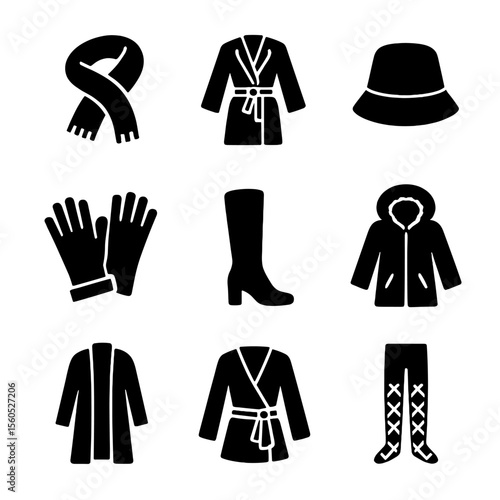 Chic Winter Wardrobe Icons. Solid, filled icon set of fashion-forward cold wear: oversized scarf, cinched coat, bucket hat,