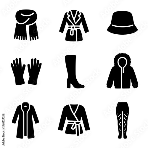 Chic Winter Wardrobe Icons. Solid, filled icon set of fashion-forward cold wear: oversized scarf, cinched coat, bucket hat,