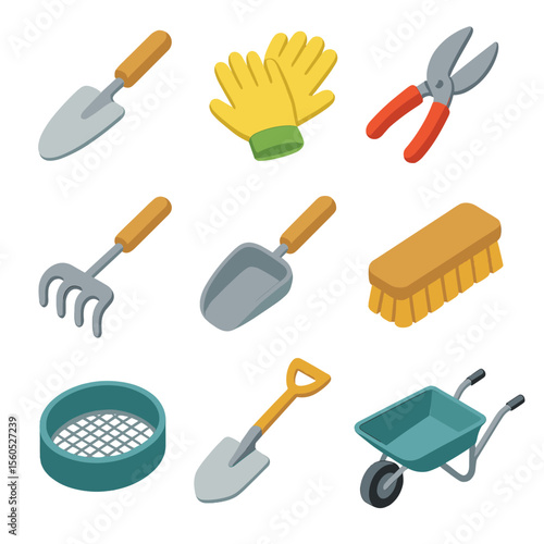 Gardening Tools Icons. Isometric Flat icon set of gardening tools and equipment: trowel, gardening gloves, pruning shears, hand