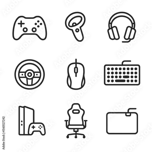 Gaming Gear Icons. Outline icon set of gaming gadgets: game controller, VR controller, gaming headset, racing wheel, gaming mouse,