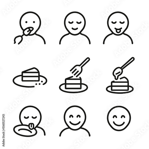 Dessert Tasting Icons. Outline icon set of dessert tasting moments: first bite, closed eyes, savoring smile, tongue out, crumb