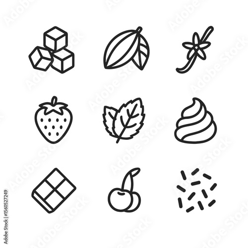 Dessert Ingredients Icons. Outline icon set of dessert ingredients: sugar crystals, cocoa bean, vanilla pod, strawberry, mint leaf