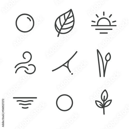 Dewdrop Icon Set. Outline icon set of dewdrop macro details: dewdrop sphere, leaf vein pattern, morning sunbeam, mist swirl,