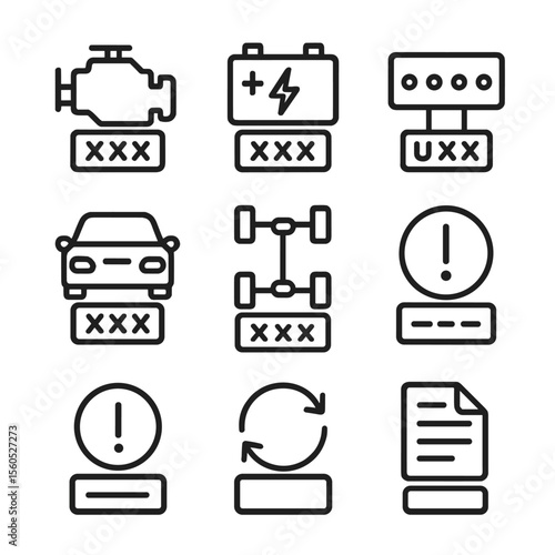 Diagnostic Code Icons. Outline icon set of diagnostic trouble code types: generic code P0xxx, manufacturer-specific P2xxx, hybrid
