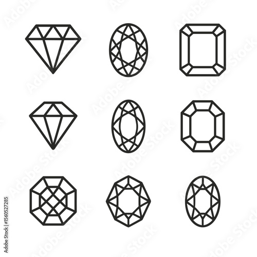 Gemstone Icon Grid. Outline icon set of gemstone accents: diamond accent, sapphire accent, emerald accent, ruby accent, aquamarine