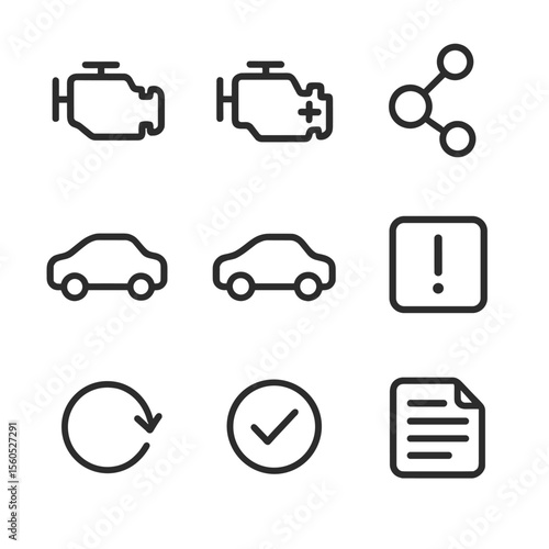 Diagnostic Code Icons. Outline icon set of diagnostic trouble code types: generic code P0xxx, manufacturer-specific P2xxx, hybrid