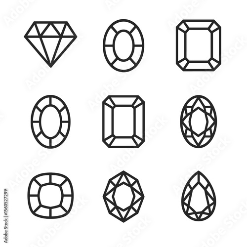 Gemstone Icon Grid. Outline icon set of gemstone accents: diamond accent, sapphire accent, emerald accent, ruby accent, aquamarine