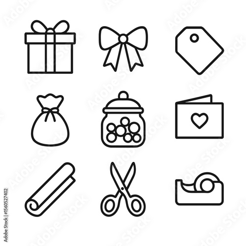 Gift Preparation Icons. Outline icon set of gift and party favor preparation: gift box, ribbon, gift tag, party favor bag, candy