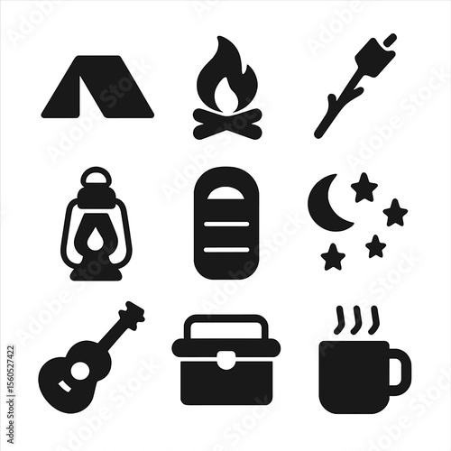 Campout Icon Set. Solid, Filled icon set of campout under the stars: tent, campfire, marshmallow on stick, lantern, sleeping bag,