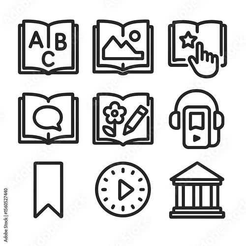 Children's Reading Icons. Solid, filled icon set of reading activities for children: alphabet book, picture book, interactive book