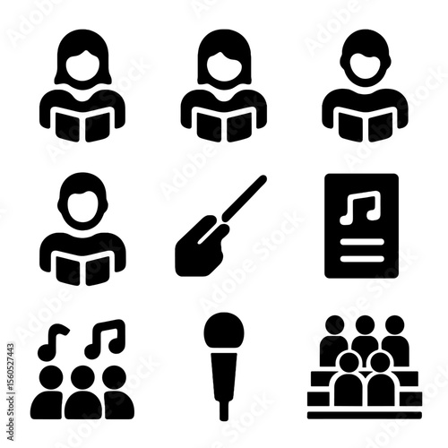 Choir Ensemble Icons. Solid, filled icon set of choir and ensemble singing: soprano part, alto part, tenor part, bass part,