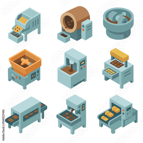 Chocolate Machinery Icons. Isometric Flat icon set of Chocolate Production Machinery: winnowing machine, roasting drum, grinding