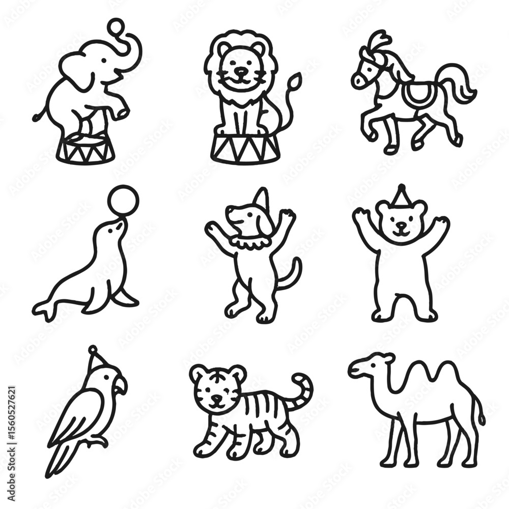 Circus Animal Parade Icons. Outline icon set of animals in parade: performing elephant, tamed lion, circus pony, trained seal, Circus Animal Parade Icons. Outline icon set of animals in parade: performing elephant, tamed lion, circus pony, trained seal,