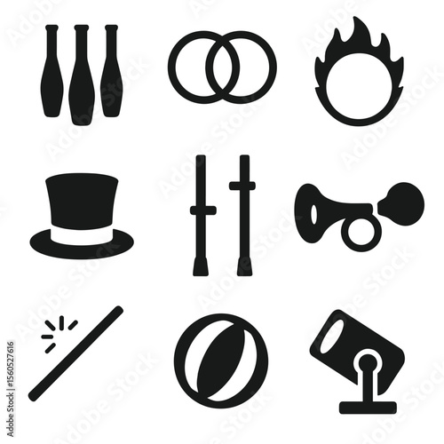 Circus Icon Set. Solid, filled icon set of circus props and gear: juggling pins, hoops, flaming ring, top hat, stilts, clown horn,