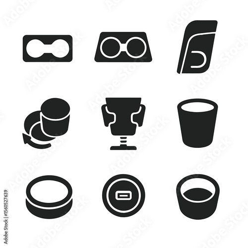Car Cup Holder Icons. Flat icon set of car cup holders: front console recess, rear armrest holder, door panel cup slot, center
