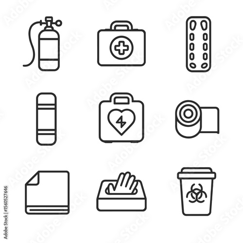 Disaster Equipment Icons. Outline icon set of disaster response equipment: portable oxygen tank, trauma kit, spine board, splint,
