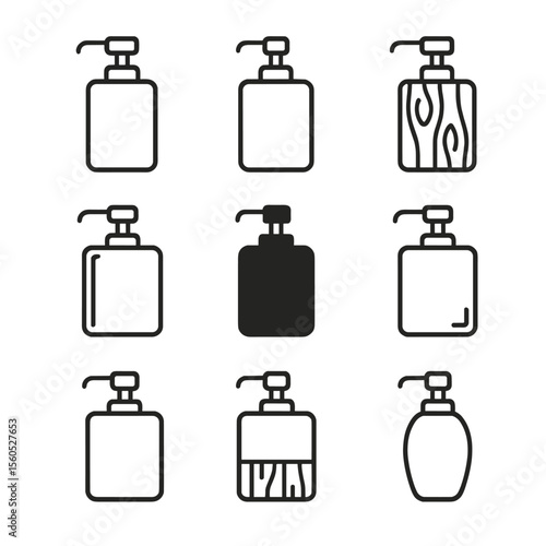 Dispenser Icon Set. Outline icon set of dispenser materials and finishes: stainless steel dispenser, plastic dispenser,