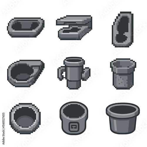Car Cup Holder Icons. Pixel art icon set of car cup holders: front console recess, rear armrest holder, door panel cup slot,
