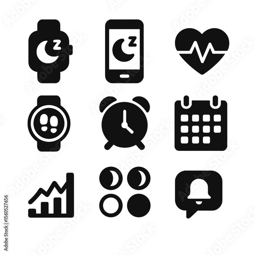 Circadian Rhythm Icons. Solid, filled icon set of circadian rhythm tracking: smartwatch, sleep app, heart rate monitor, step