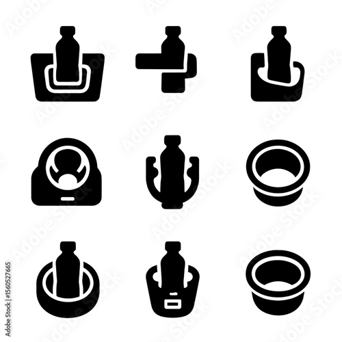 Car Cup Holder Icons. Solid, Filled icon set of car cup holders: front console recess, rear armrest holder, door panel cup slot,