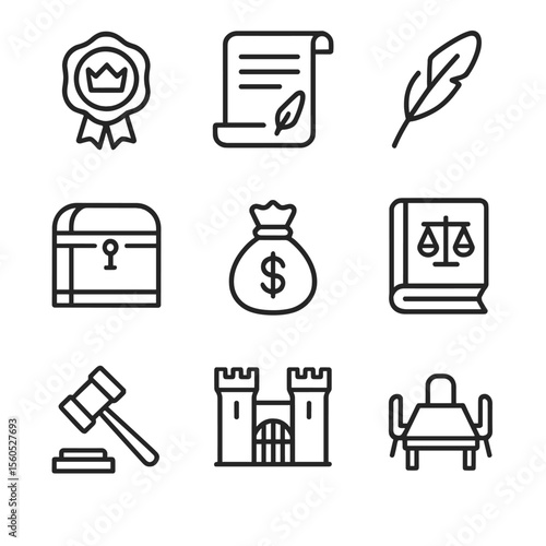 Governance and Green Logistics Icons. Outline icon set of king’s governance tools: royal seal, parchment scroll, quill, treasury