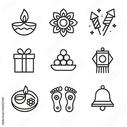 Diwali Icons Outline. Outline icon set of Diwali celebration: diya lamp, rangoli pattern, fireworks, gift box, sweets tray,