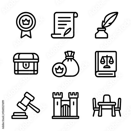 Governance and Green Logistics Icons. Outline icon set of king’s governance tools: royal seal, parchment scroll, quill, treasury