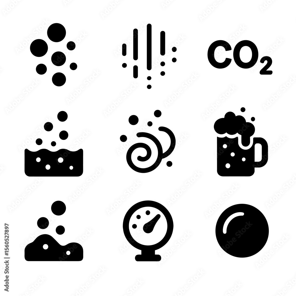 Carbonation Icon Grid. Solid, Filled icon set of carbonation elements: bubble cluster, fizz lines, CO₂ molecule, effervescence Carbonation Icon Grid. Solid, Filled icon set of carbonation elements: bubble cluster, fizz lines, CO₂ molecule, effervescence