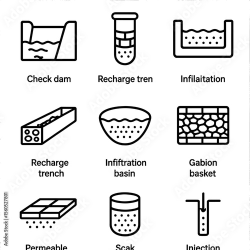 Groundwater Recharge Icons. Outline icon set of groundwater recharge structures: check dam, recharge well, percolation tank,