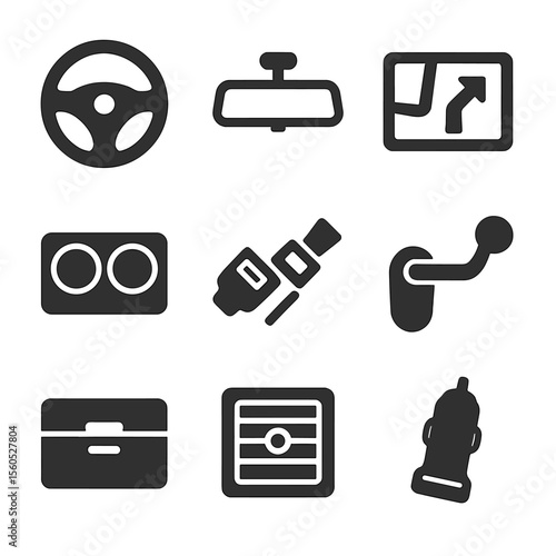 Car Interior Icons. Flat icon set of car interior moments: steering wheel, rearview mirror, dashboard map, cup holders, seatbelt