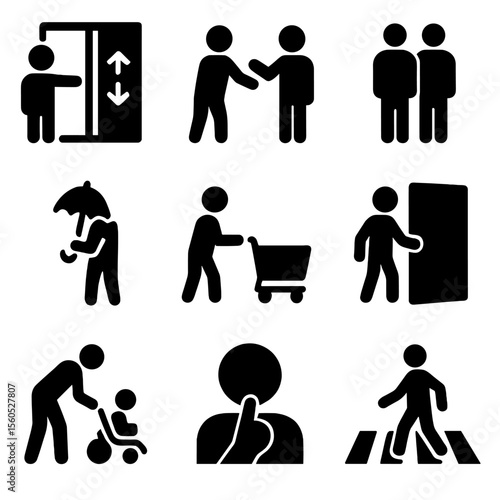 Civility Icon Set. Solid, filled icon set of everyday civility: holding elevator, letting others pass, waiting turn, closing