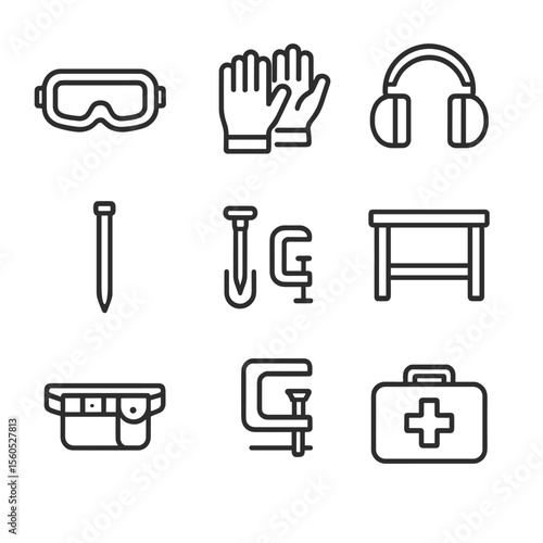 DIY Safety Icons. Outline icon set of DIY hammer safety: safety goggles, work gloves, ear protection, nail set punch, magnetic