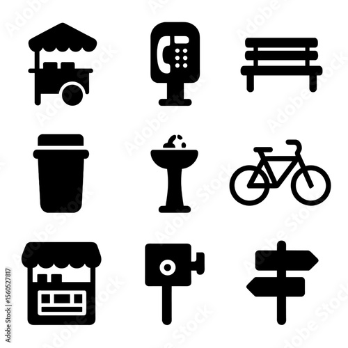 City Life Icons. Solid, filled icon set of city life objects: street vendor cart, public phone, bench, trash bin, water fountain,