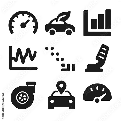 Car Performance Icons. Solid, filled icon set of car performance data: RPM gauge, fuel efficiency icon, engine load bar, speed