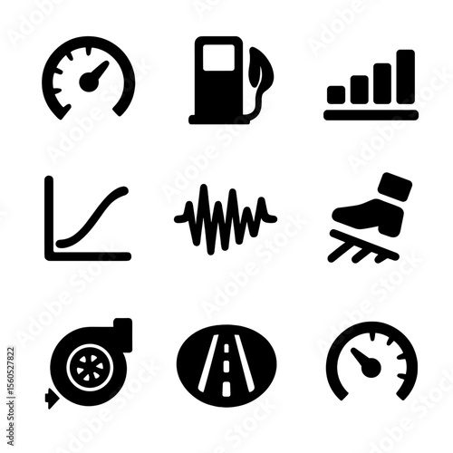 Car Performance Icons. Solid, filled icon set of car performance data: RPM gauge, fuel efficiency icon, engine load bar, speed