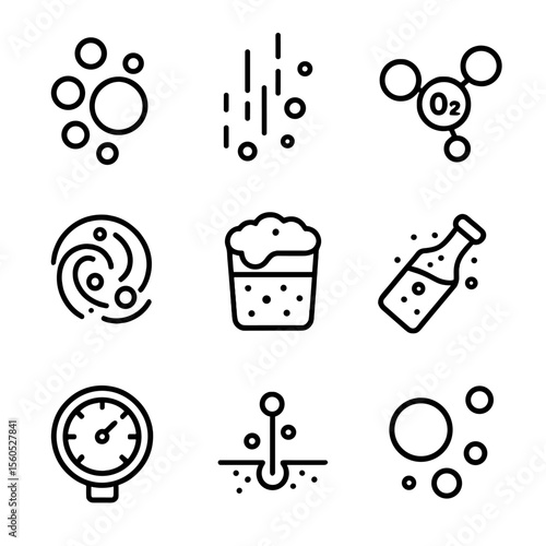Carbonation Icon Set. Outline icon set of carbonation elements: bubble cluster, fizz lines, CO₂ molecule, effervescence swirl,