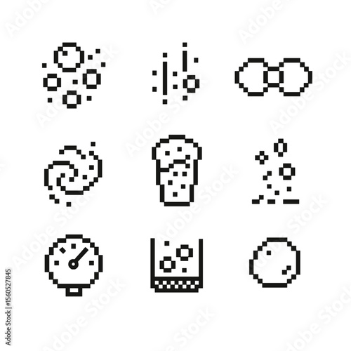 Carbonation Elements Icons. Pixel art icon set of carbonation elements: bubble cluster, fizz lines, CO₂ molecule, effervescence