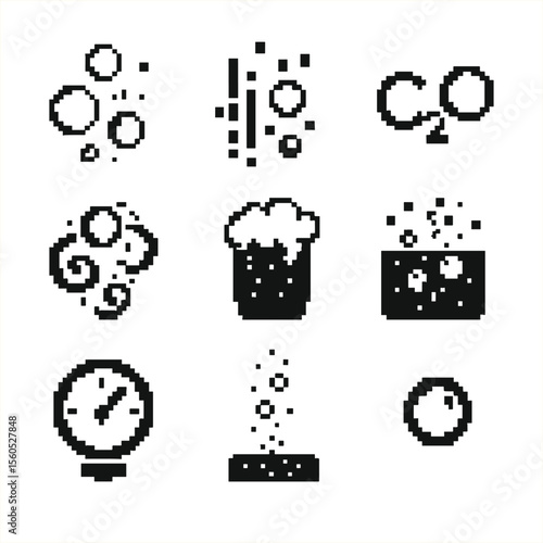 Carbonation Elements Icons. Pixel art icon set of carbonation elements: bubble cluster, fizz lines, CO₂ molecule, effervescence
