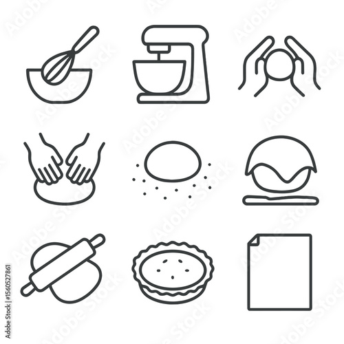 Dough Preparation Icons. Outline icon set of dough mixing and kneading steps: hand whisk, stand mixer bowl, forming dough ball,